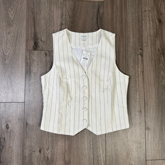J.Crew Button Front Linen Blend Vest Womens 4 White Brown Pinstripes CI314 Lined - Picture 4 of 8